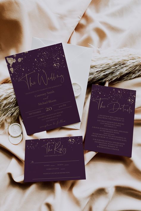 "This Deep Plum Purple and Gold Wedding Invitation Template Set can be fully personalized and downloaded. Your templates can be easily edited in the online template editor Corjl. DEMO THIS PRODUCT Copy and paste the URL below to demo before you purchase  https://www.corjl.com/d/39EG5C ALL FEATURES CAN BE EDITED. Edit the text along with color, size and font. Graphics can be moved, resized or deleted. Background can be removed and background color can be selected in its place You can upload and utilize your own images.  PRODUCT SPECIFICATION --------------------------------------- Included items: -Wedding Invitation: 5\"X7\" -Details Page: 4\"X6\" -RSVP Card: 5\"X3.5\" After purchasing, you will have immediate access to your items and will be able to personalize in your browser without the Dark Purple Black And Gold Wedding, Dark Purple And Champagne Wedding, Dark Wedding Invitations Elegant, Dark Purple And Gold Wedding Theme, Dark Purple Wedding Invitations, Purple And Gold Wedding Invitations, Midnight Purple Wedding, Deep Purple Wedding Theme, Purple And Emerald Green Wedding