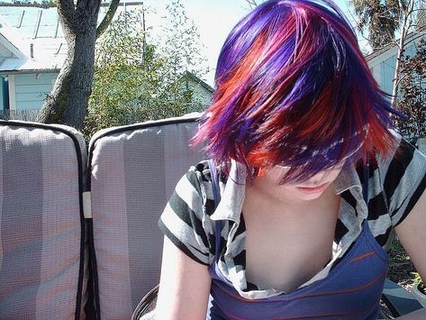 Purple And Orange Hair, New Hairstyle Ideas, Checkered Hair, Striped Hair, Rainbow Hair Color, Old Hairstyles, Coloured Hair, Split Hair, New Hairstyle