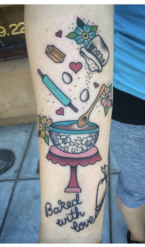 Baking Inspired Tattoos, Baking Tattoo Sleeve, Tattoos For Bakers, Cake Tattoo Traditional, Baking Tattoo Ideas Unique, Baking Tattoo Ideas, Chef Tattoo Ideas, Dessert Tattoo, Baker Tattoo