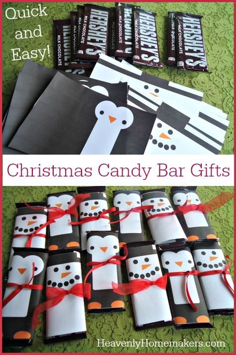 In just a few minutes, a simple Hershey bar can become a penguin or a snowman – thank you Pinterest!   Look how adorable these are: I found the free printables for these candy bar wrappers here.  You’ll find other wrappers there beyond snowmen and penguins – those two were just my favorites. :)  We’re … Easy Christmas Candy, Candy Bar Gifts, Christmas Entertainment, Christmas Candy Bar, Christmas Candy Easy, Easy Homemade Christmas Gifts, Christmas Candy Gifts, Gifts Homemade, Gratis Printables