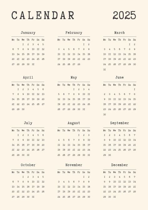 #typewrite #retro #minimalistic #yearly #calendar #2023 #2024 #2025 #2026 8 pages - 2 options for starting the week from Monday and from Sunday Yearly Calendar 2023, Yearly Calendar Template, Calendar Journal, Scrapbook Printing, Coloring Calendar, Cute Calendar, Happy Birthday Template, Planner Business, 2025 Calendar