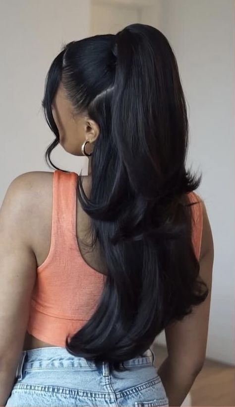 Mid Length Sew In, Hair Ideas For Birthday, Half Up Half Down Blowout, Long Silk Press, Jet Black Hair Black Women, Long Hairstyles Black Women, Wedding Hairstyles Straight Hair, Bridal Hair Black Women, Blowout Ponytail