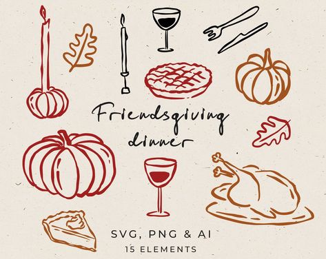 Hand-drawn set Friends Giving Illustrations in Whimsical style. This set includes 15 hand-drawn main attributes of Thanksgiving Dinner such as a turkey, pumpkin pie, wine, candles, leaves, pumpkin etc. If you are looking for a clipart to create an invitation for a Thanksgiving party, dinner invitation, menus, etc. Easy editable in Canva. PERSONAL USE: It can be used for end products, not for sale. You may not forward, share, sell, or distribute this product. They are provided for non-commercial use only. You aren't allowed to resell my product as your own on Etsy and other selling platforms. COMMERCIAL USE If you want to use these illustrations for commercial purposes, you must buy a Commercial License listing. This type of license allows you to use illustrations for creating up to 500 end Hand Drawn Fall Wreath, Friendsgiving Poster Ideas, Countdown To Thanksgiving, Thanksgiving Dinner Illustration, Thanksgiving Food Illustration, Thanksgiving Digital Art, Thanks Giving Illustrations, Friendsgiving Clipart, Thanksgiving Illustration Art