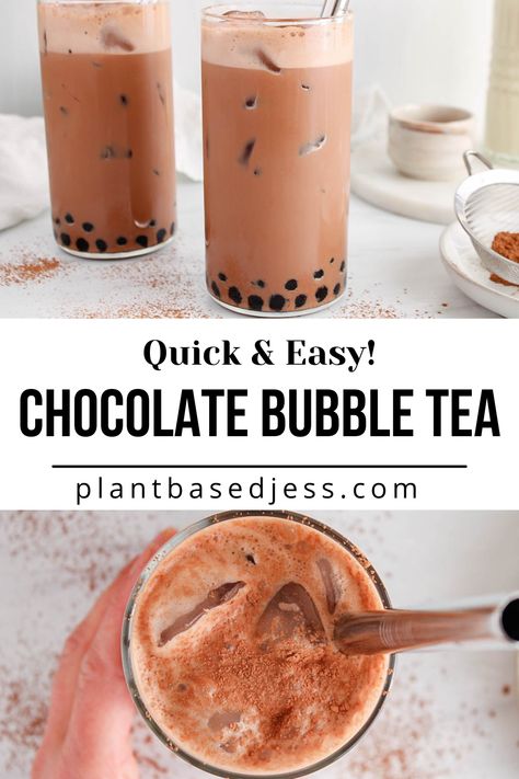 View on a tall glass of chocolate bubble tea (Boba) Milk Tea Without Boba, Chocolate Bubble Tea Recipe, Dairy Free Boba Milk Tea, Vegan Bubble Tea, Butterfly Pea Flower Boba Milk Tea, Black Tea Recipe, Boba Recipe, Boba Tea Recipe, Boba Drink