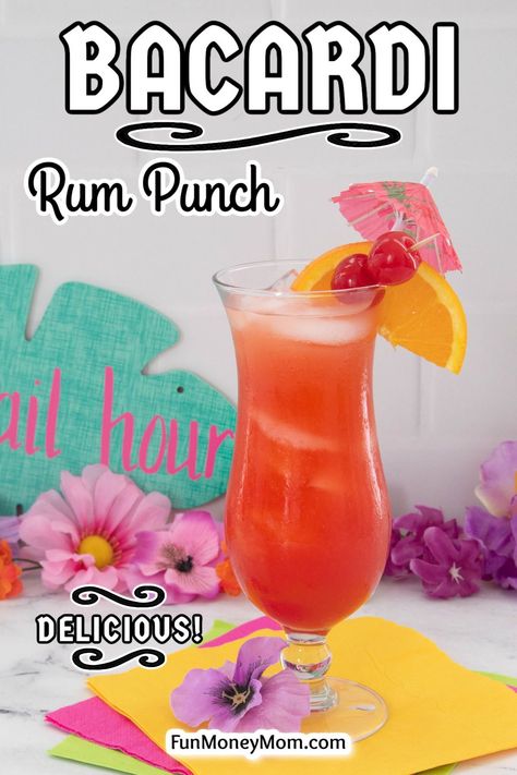 This Bacardi Rum Punch Cocktail is a delicious fruity drink that’s perfect for your next party. With the sweet tropical flavors of orange, pineapple and cranberry juices, This summer cocktail will make you feel like you’re on an island vacation! Carnival Rum Punch Recipe, Cocktails With Bacardi Rum, Rum Punch Recipes Carribean, Bacardi Rum Drinks, Drinks With Bacardi Rum, Orange Alcoholic Drinks, Jamaican Rum Punch Recipes, Tropical Rum Punch, Rum And Orange Juice