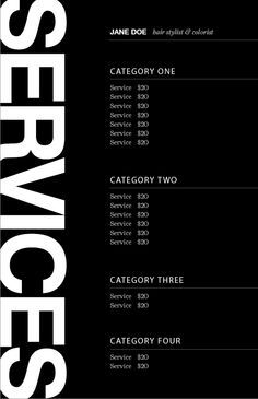 Image Studios Service Menu Template #imagestudios Salon Rate Card, Salon Service Menu Ideas Price List, Service Menu Salon, Salon Menu Card Design, Salon Rate Card Designs, Aesthetic Price List Template, Service Price List Design, List Of Services Template, Lash Service Menu Ideas