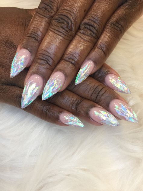 Opalescent Acrylic Nails, Opal Ombre Nails, How To Holographic Nails, Nails With Foil Flakes Silver, Iridescent Sparkle Nails, Holographic Foil Nails, Iridescent Flake Nails, Irradecent Acrylic Nails, Nails With Iridescent Flakes