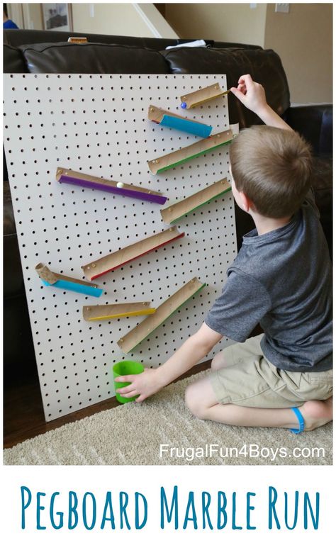 Engineering for Kids:  Build a Changeable Pegboard Marble Run. This is a great STEM project because kids can build it themselves, and it's easy to move the pieces around! Marble Tracks, Projects School, Diy Marble, Marble Run, Woodworking For Kids, Stem Projects, Building For Kids, Stem Activities, Peg Board