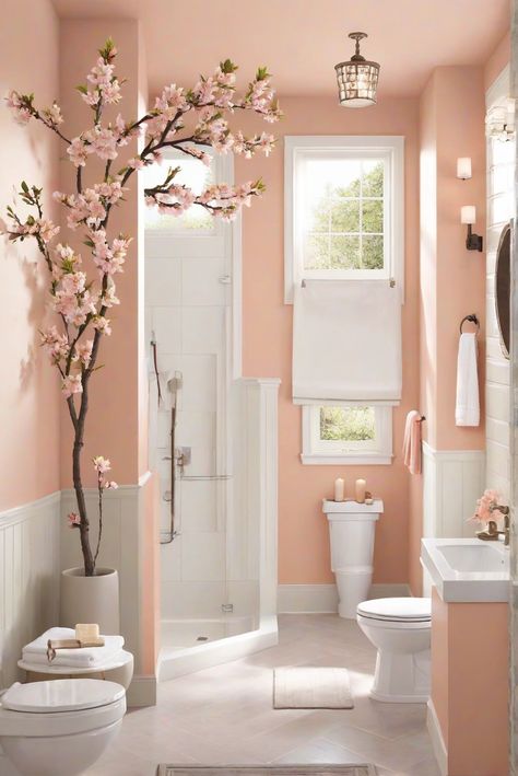 Welcome to a soothing escape with "Peach Blossom Paradise: Soft Delight for Your Bathroom" (BM 2175-60). Discover daily interior designer routines that will transform your space into a tranquil haven. #Ad #homedecor #homedesign #bathroom #Painthome interiorarchitecture best Wall Colors for Bathroom Colors Bright Room Colors best colors combinations bathroom bathroom Remodeling Modern Paint Colors 2024 Bathroom Decor Peach, Peach Green Bathroom, Salmon Bathroom Ideas, Light Peach Bathroom, Peach Bathroom Ideas, Peach Interior Design, Peach Paint Colors, Paint Colors 2024, Bright Room Colors