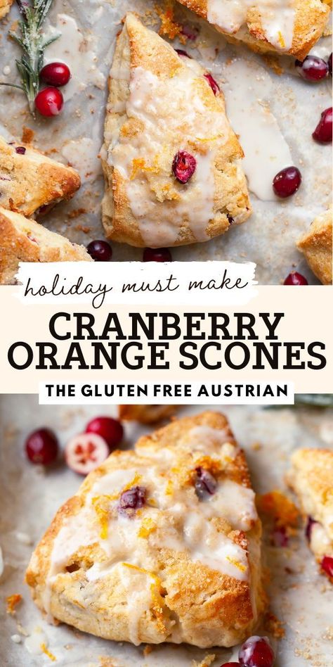 Just like all good scones, these Gluten Free Cranberry Orange Scones are tender, with a flaky, buttery crumb and crunchy edges. Made with fresh cranberries, freshly grated orange zest and finished with a sweet orange glaze they will quickly become a new holiday favorite. Serve them for breakfast, brunch, or whenever you're in the mood for a comforting, homemade treat. Keto Cranberry Orange Scones, Vegan Cranberry Scones, Gluten Free Cranberry Scones, Gluten Free Orange Cranberry Scones, Fresh Cranberry Orange Scones, Healthy Scones Recipe Clean Eating, Fall Brunch Ideas Gluten Free, Keto Cranberry Scones, Gluten Free Orange Cranberry Bread