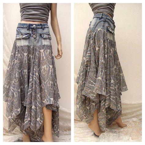 Boho upcycled jean scarf skirt Denim Festival, Maxi Rock, Skirt Diy, Mode Hippie, Boho Denim, Bohemian Skirt, Trendy Sewing, Maxi Skirt Boho, Denim Ideas