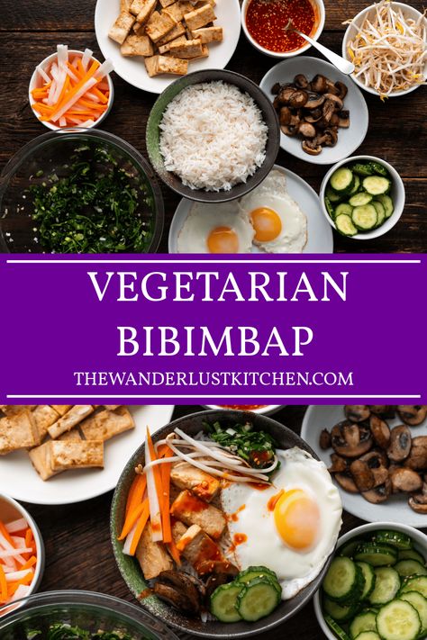 Vegetarian Bim Bim Bap, Veggie Bibimbap, Bibimbap Vegetarian, Veggie Bowls Healthy, Vegetarian Bibimbap, Bibimbap Bowls, Grilled Hamburgers, Bibimbap Sauce, Seasoned Vegetables