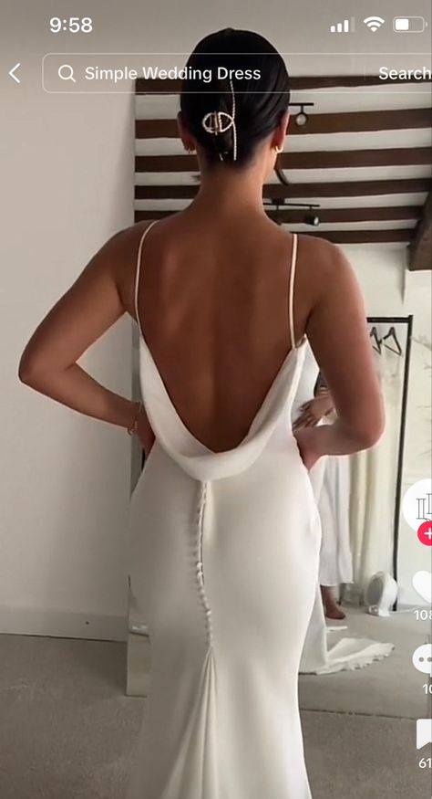 Open Back Wedding Dress With Buttons, Wedding Dress With V Neckline, Plain Backless Wedding Dress, Backless Wedding Dress Curvy, Open Back Wedding Dress With Veil, Fitted Wedding Dress Low Back, Simple Backless Wedding Dress Open Backs, La Perle Wedding Dresses, Swoop Back Wedding Dress