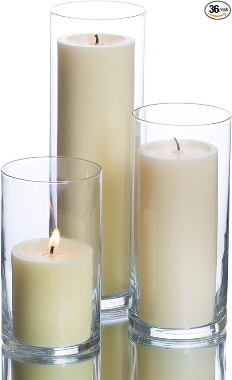 Amazon.com: Set of 36 Glass Eastland Cylinder Vases and 36 Ivory Richland Pillar Candles 3" : Home & Kitchen Cylinder Candles, Corporate Events Decoration, Glass Cylinder Vases, Wedding Floral Centerpieces, Cylinder Vase, Flameless Candles, 2024 Trends, Floral Centerpieces, Event Decor