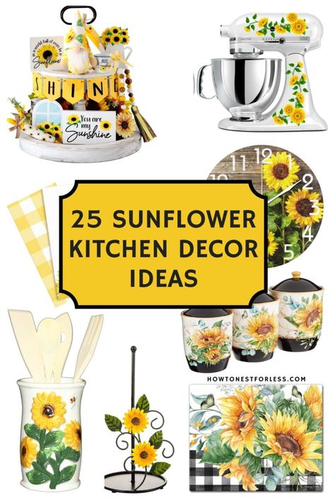 Sunflower Kitchen Decor Ideas - How to Nest for Less™ Sunflower Kitchen Decor Ideas, Recipes Printables, Kitchen Countertop Decor Ideas, Countertop Decor Ideas, Sunflower Themed Kitchen, Sunflower Curtains, Halloween Bottle Labels, Sunflower Home Decor, Sunflower Artwork