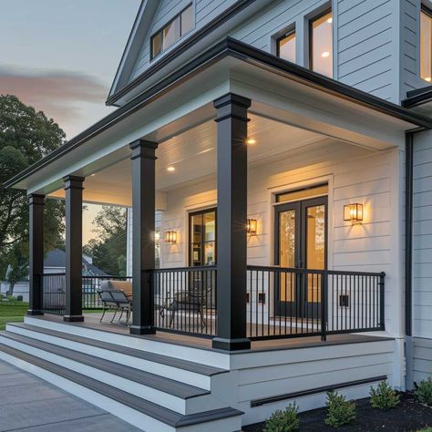 9+ Minimalist Front Porch Columns Ideas for a Clean Design • 333+ Art Images Front Porch With Black Posts, Outside Columns Ideas, Front Door Post Ideas, Back Porch Column Ideas, Black Porch Pillars, Front Entrance Patio Ideas, Modern Front Porch Columns, Metal Columns Front Porch, Diy Front Porch Posts Columns