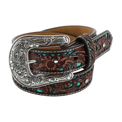 This fun turquoise and brown floral tooled belt is a unique and stylish addition to any girl's wardrobe. The belt features a removable buckle set and eye-catching rhinestone details. Great to pair with your favorite pair of boots, jeans, or denim skirt. Made of Leather Country Girl Belts, Tooled Belt, The Last Ride, Cowgirl Belts, Custom Leather Belts, Turquoise Belt, Cowgirl Accessories, Boots Jeans, Beautiful Braided Hair