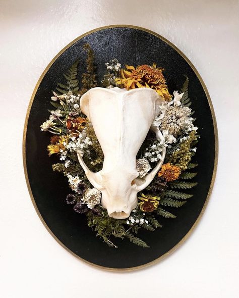 Art With Bones, Diy Animal Skull Decor, Animal Bone Crafts, Bone Art Diy, Repurposed Animal Bones, Animal Bone Display, Bone Artwork, Bone Display, Taxidermy With Flowers