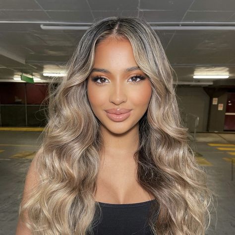 Balayage Hair Beige Blonde, Sandy Highlights On Dark Hair, Dark Blonde On Brown Skin, Highlights With Money Piece Blonde, Blonde Chunk Highlights, Ash Blonde Balayage On Brown Skin, Curly Blonde Hair Highlights, Blonde Hair On Mixed Women, South Asian Blonde Hair