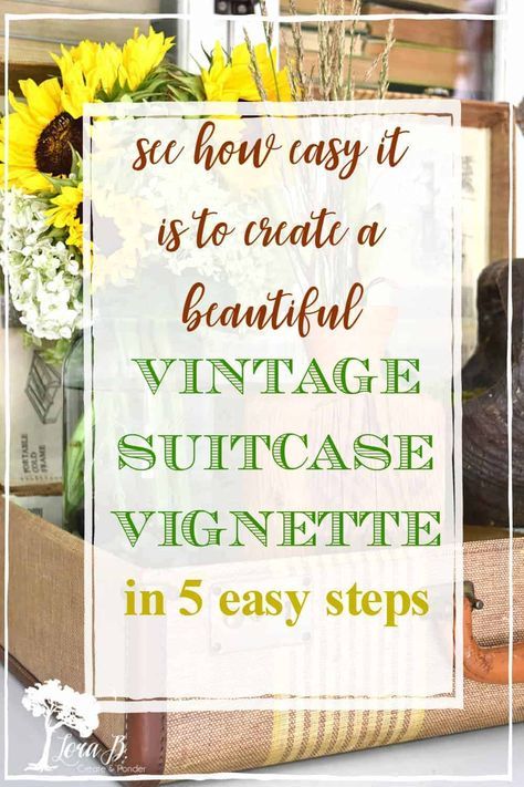 Here are 5 simple steps to creating a fun vignette in a vintage suitcase. Unique home decor accent and great repurpose. Vintage Suitcase Decor, Suitcase Display, Vintage Suitcase Wedding, Vintage Booth Display, Suitcase Decor, Old Luggage, Vintage Store Displays, Vignette Styling, Thrift Store Makeover