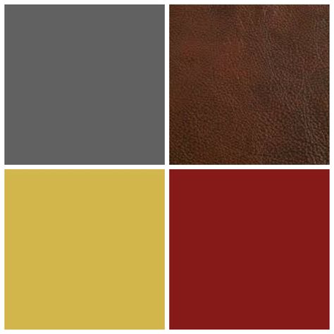 Tuscan Neutrals - Our living room color palette. Charcoal Gray / Country Red / Espresso Brown / Yellow Gold. Leather and gray upholstered furniture, red wood accents and warm brass fixtures. Brown Furniture Decor, Grey And Red Living Room, Dorm Room Color Schemes, Dorm Room Colors, Brown Living Room Decor, Color Palette Living Room, Yellow Furniture, Red Living, Brown Color Schemes