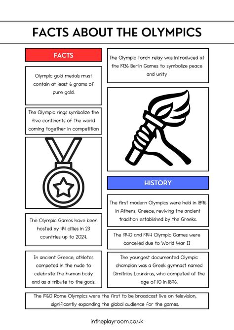 Inspiring Olympics Facts For Kids With Printable - In The Playroom Olympic Trivia For Kids, 2024 Olympics For Kids, History Of The Olympics For Kids, Olympic Worksheets For Kids, Olympic Printables Free, Olympics For Kids, Olympic Printables, Summer Olympics Activities, Olympics Facts