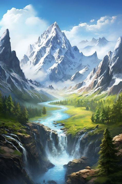 Waterfall Paintings, Mountain Landscape Painting, River Painting, Dreamy Landscapes, River Art, Majestic Mountains, Landscape Art Painting, Clear Blue Sky, Mountain Paintings