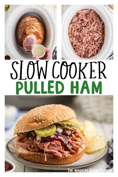 Slow Cooker Pulled Ham Hot Ham And Cheese Crockpot, Pulled Ham Sandwiches, Pulled Ham Crockpot, Pulled Ham In Oven, Pulled Ham Recipes, Ham Crockpot Recipes, Crockpot Ham Recipes, Pulled Ham, Spicy Ham