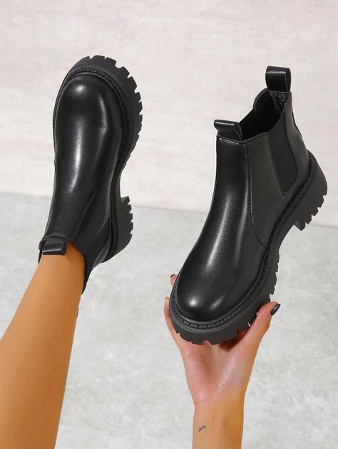 Women Minimalist Slip On Chelsea Boots, Preppy Outdoor BootsI discovered amazing products on SHEIN.com, come check them out! Leather Shoes Outfit, Combat Shoes, Chelsea Boots Outfit, Boots Outfit Ankle, Platform Chelsea Boots, Botas Chelsea, Trendy Boots, Chelsea Boots Women, Shoes Boots Ankle