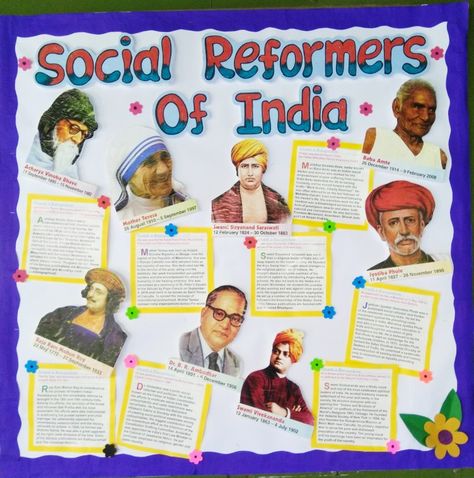 Social Reformers of india Social Reformers Of India Chart, Social Science Chart Ideas, Indian History Project Ideas Creative, Social Reformers Of India, Social Studies Teaching Strategies, Women History Month Bulletin Board, Social Reformers, Teacher Classroom Posters, Science Chart