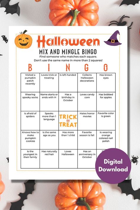 Welcome to the Halloween Mix and Mingle Game, where laughter and creativity come together to make your gathering truly memorable! This delightful game is designed to bring friends and families together, spark lively conversations, and create a joyful atmosphere at your party gathering. This is a fun ice breaker game for all ages! This includes a blank copy so you can fill out a bingo sheet with your own specialized questions. Ice Breaker Game, Find The Guest Bingo, Guest Bingo, October Favorites, Find The Guest, Bingo Sheets, Ice Breaker Games, Halloween Eyes, Ice Breaker