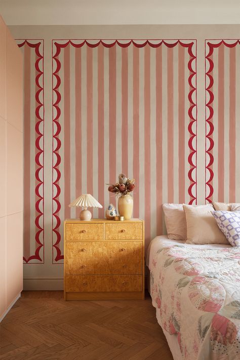 Introduce a touch of vintage whimsy into your interiors with the new Scallop Panel mural design created by KOI for BelarteSTUDIO. Drawing on traditional Scandinavian interiors, this playful, timeless design brings vibrant colour to your home. Scallop Interior Design, Traditional Scandinavian Interior, Stripe Mural, Whimsy Aesthetic, Pink Striped Walls, Wallpaper Bedroom Feature Wall, Pink Bedroom Walls, Eclectic Wallpaper, Stripe Wall