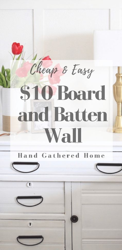 Cheap and Easy $10 Board and Batten Wall. An easy (and cheap) way to add character and interest to your home. Use it as a focal wall, or add it to your entire house. It's a classic design that's sure to add so much to any space. #homedecor #farmhousliving #farmhousestyle #boardandbatten #diy #doityourself #handmade #handcrafted #weekendproject #smallspaceliving #smallspacesquad #addcharacter #budgetfriendly #lowcost #lowbudget Cheap Feature Wall Ideas Easy Diy, Cheap Mudroom Ideas Easy Diy, Board And Batten Wallpaper, Shiplap Board And Batten, Diy Board And Batten Wall, Batten Diy, Woven Blinds, Diy Board And Batten, Wrought Iron Bed