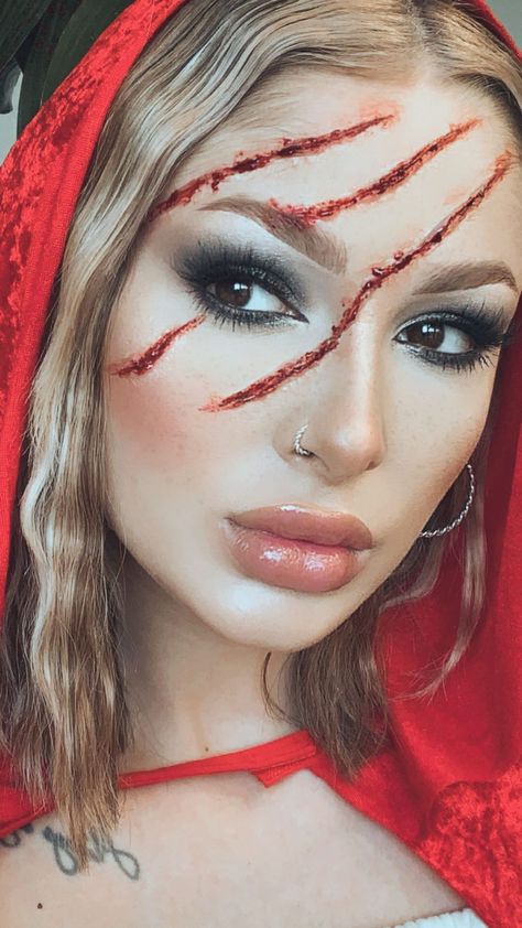 Gothic Red Riding Hood Makeup, Red Riding Hood Halloween Makeup, Red Riding Hood Makeup Cute, Little Red Riding Hood Makeup Ideas, Little Red Riding Hood Costume Makeup, Little Red Riding Hood Hair, Halloween Red Costume, Little Red Riding Hood Halloween Makeup, Little Red Costume