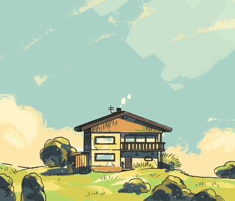 Summer House Illustration, Illustration Gif Art, Animated Illustration Gif, Animation Gif Illustration, Lofi Gif, Relaxing Gifs, House In The Field, Relaxing Illustration, Relax Illustration