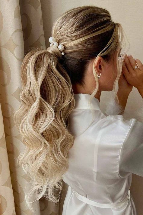 Easy Long Hairstyles For Valentines Day ★ Hair For Aline Wedding Dress, Bride Wedding Hair Ponytail, Wedding Day Hair Ponytail, Bridal Ponytail With Veil Wedding Updo, Bride With Ponytail And Veil, Bridal Hairstyles Ponytail With Veil, Wedding Hair Up Ponytail, Hairstyles Ponytail Wedding, Bridal Hair Updo Ponytail