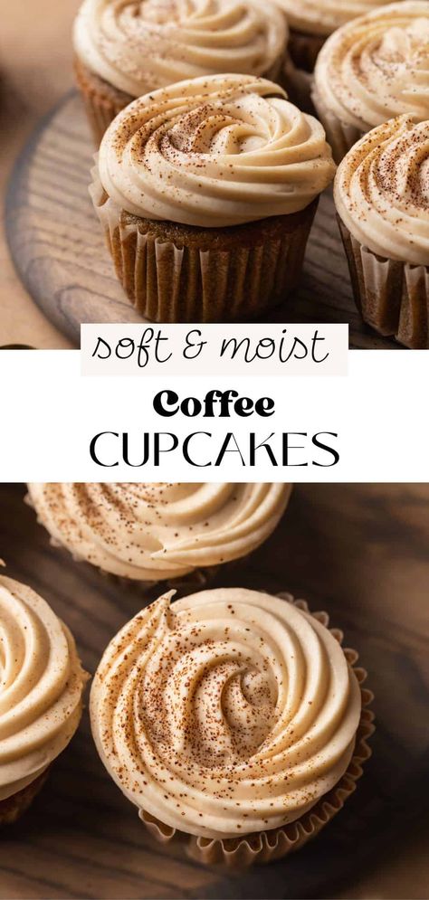 These rich coffee cupcakes are made with instant coffee for an intense coffee flavor. They're soft, moist, and topped with a swirl of coffee cream cheese frosting. They are a coffee lover's dream and perfect for people who want to eat and drink their morning cup of Joe. Instant Coffee Muffins, Fun Muffin Flavors, Coffee Cupcake Ideas, Coffee Flavored Cupcakes, Coffee Cupcakes Recipe, Coffee Cream Cheese Frosting, Coffee Cupcakes With Box Cake, Coffee Cupcake Recipes, Morning Desserts