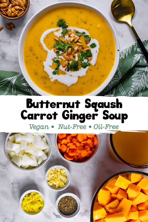 Butternut Squash Carrot Ginger Soup, Carrot Butternut Squash Soup, Carrot Ginger Soup Recipe, Vegan Butternut Squash Soup, Comfort Meals, Vegan Butternut Squash, Carrot Soup Recipes, Butternut Soup, Carrot Ginger Soup