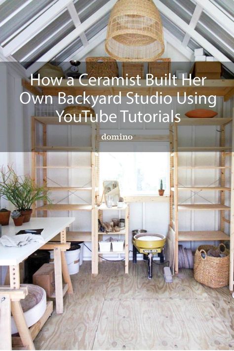 Backyard Pottery Studio Sheds, Pottery Studio Design Style, Diy Pottery Studio Shed, Pottery Studio Setup Ideas, Paint Your Own Pottery Studio Ideas, Ceramic Home Studio, Pottery Studio Storage, Pottery Studio Shed, Pottery Shed Ceramic Studio