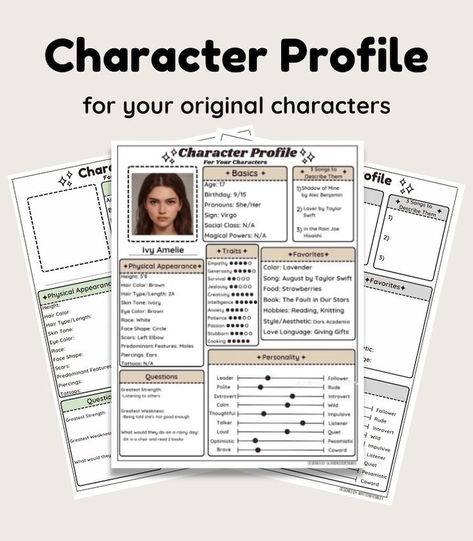 -this profile helps you develop detailed characters for your books, novels, stories, etc. -helps you stay organized with your writing projects -8 different colors to match your aesthetic -Purchase included 2 files, "Character Profile -Neutral Colors-" and "Character Profile -Pastel Colors-" ☆This is a digital download || Nothing will be mailed to you☆ Please let me know if you have any questions :) --This file is for your personal use ONLY. This is NOT to be copied, distributed, altered, or sold Book Character Development, Character Details Template, Character Profile Aesthetic, Questions To Ask About Your Character, Detailed Character Profile Template, Character Profile Template, Original Character Art, Books Novels, Writing Inspiration Tips