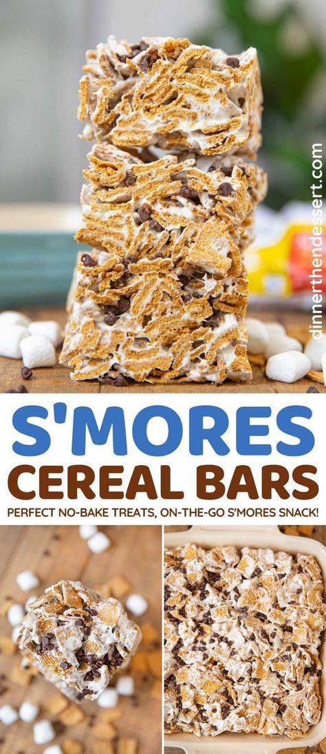 S'mores Cereal Bars are gooey no-bake treats perfect all school year and summer long. #dessert #smores #cerealbars #goldengrahams #chocolatechips #marshmallow #sweettreats #dinnerthendessert Cereal Bars Recipe, Dessert Smores, Smores Snacks, Cereal Bars Recipes, Appetizing Food, Golden Grahams, Summertime Snacks, Kid Friendly Dessert, Simple Desserts