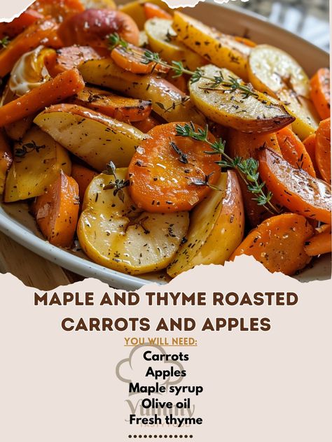 🍁🍎 Savor Autumn! Try Maple and Thyme Roasted Carrots and Apples. A sweet and savory delight! #AutumnVibes Maple and Thyme Roasted Carrots and Apples Ingredients: Carrots (6 medium, peeled and sliced) (3 cups (750 ml)) Apples (3 medium, cored and sliced) (3 cups (750 ml)) Maple syrup (1/4 cup (60 ml)) Olive oil (2 tbsp (30 ml)) Fresh thyme (1 tbsp (15 ml), minced) Salt and pepper (to taste) Instructions: Preheat oven to 375°F (190°C). Toss carrots and apples in syrup, oil, thyme, salt, and p... Thyme Salt, Apple Maple, Harvest Season, Thanksgiving Menu, Roasted Carrots, Fresh Thyme, Sweet And Savory, Whole 30 Recipes, Apple Recipes