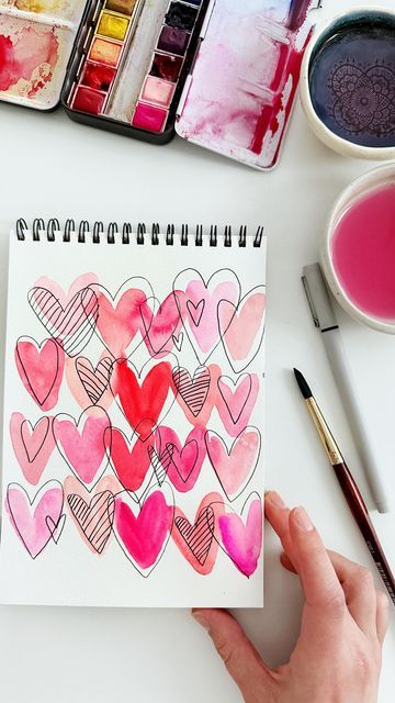 Simple Watercolor Valentine Card, Pink Watercolour Painting, Valentine Card Watercolor Diy, Valentine Cards Painted, Valentine Card Ideas For Friends Diy Valentine's Day, Easy Valentine Watercolor, Watercolour Valentines Day Card, Love Watercolor Art, Valentines Cards Handmade Watercolor