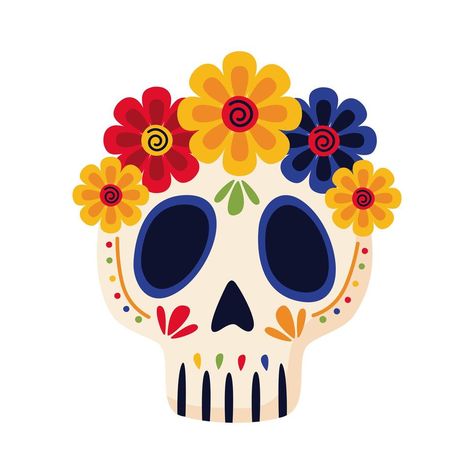 Cabeza de calavera mexicana tradicional con icono de estilo plano de flores Skull Head With Flowers, Head With Flowers, Mexican Halloween, Clip Art Frames Borders, Mexican Skull, Mexican Skulls, Diy Watercolor Painting, Mexican Decor, Traditional Mexican