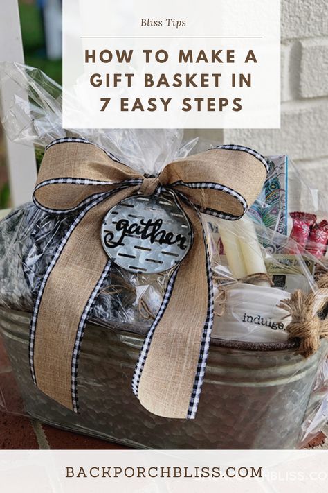 Learn how to put together a custom gift basket in 7 easy steps. Using a Cozy Farmhouse Basket as an example, I'll share all my best tips! Rustic Gift Baskets, How To Put Together A Gift Basket Diy, Decorating Gift Baskets, Gift Basket Ribbon Wrapping Ideas, Southern Gift Basket Ideas, Making A Gift Basket Diy, Gift Basket Tutorial How To Make, Rustic Gift Basket, Wrap Gift Basket