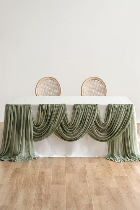 Cheesecloth Draping Wedding, Rectangle Head Table Wedding, Gauze Table Runner Wedding Round Tables, Sage Green Table Runner Wedding, Table Shower, Cheesecloth Table Runner Wedding, Scalloped Table, Table Floral Decorations, Table Swag