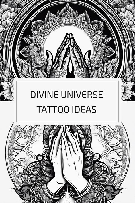 Explore beyond traditional divine tattoo designs for a celestial, divine body art statement! Let your ink tell tales of spiritual connections, inner peace, and cosmic awe. Feeling inspired? Dive into more divine tattoo ideas on our website and spark your creativity! #tattooideas #divinetattoos Divine Love Tattoo, As Above So Below Tattoo Words, Divine Masculine Tattoo, Universe Tattoo Spiritual, Pleiades Tattoo, Devine Feminine Art Tattoo, Metaphysical Tattoos, Higher Power Tattoo, Universe Tattoo Ideas