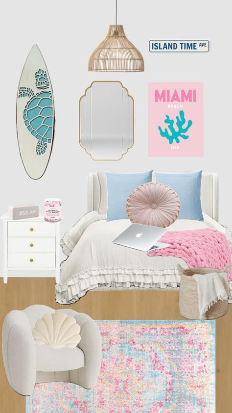 Beach Rooms Bedrooms, Teenage Beach Bedroom, Pink Beach Bedroom Ideas, Beach Girls Room, Teen Girl Bedrooms Beachy, Pink Beach Bedroom, Teen Girl Beach Bedroom, Coastal Pink Bedroom, Beachy Bedroom Aesthetic Preppy