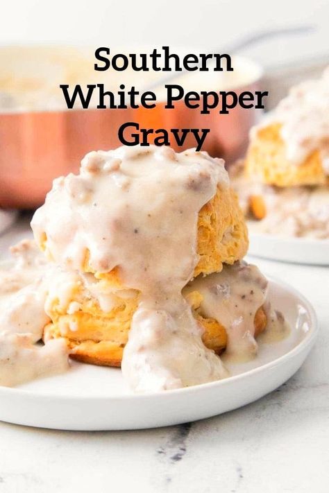 Whether it's biscuits & gravy for breakfast, or smothered chicken fried steak, the perfect accompaniment to any Southern comfort meal is this creamy Southern white gravy. It's savory, delicious, and simple to make! Southern White Gravy Recipe, Southern White Gravy, Fried Chicken Steak, White Pepper Gravy, Over Fried Chicken, White Gravy Recipe, Pepper Gravy, Biscuits Gravy, Lemon Poppyseed Bread