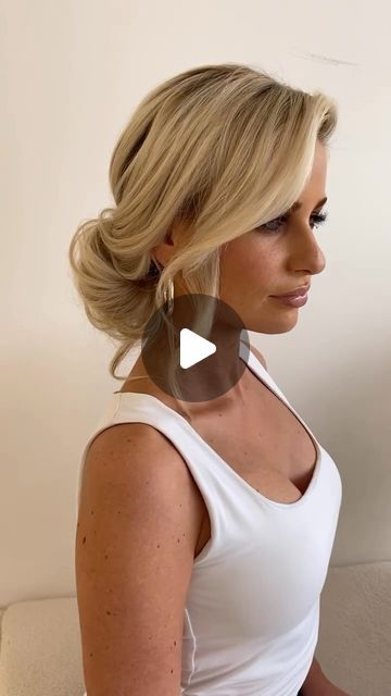 Soft Low Updo, Low Updo With Curtain Bangs, Sleek Back Updo Hairstyles, Simple Bun Updo Wedding, Behind One Ear Hairstyle, Side Part Wedding Updo, Low Side Bun Updo, Romantic Messy Updo, Loose Side Bun Wedding Hair